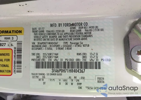 2017 Ford Fusion Se из США, поврежденный, VIN 3FA6P0H71HR404367